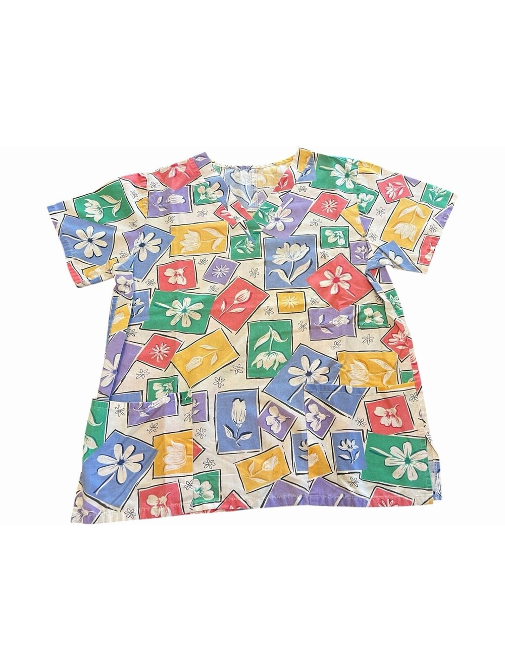 Uniform Scrub Top Womens Large Multicolor Floral V-Neck Short Sleeve